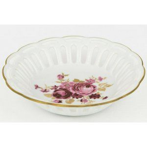 Wallendorf Ring Tray Porcelain Reticulated Trinket Dish Bowl Pink Roses Gold